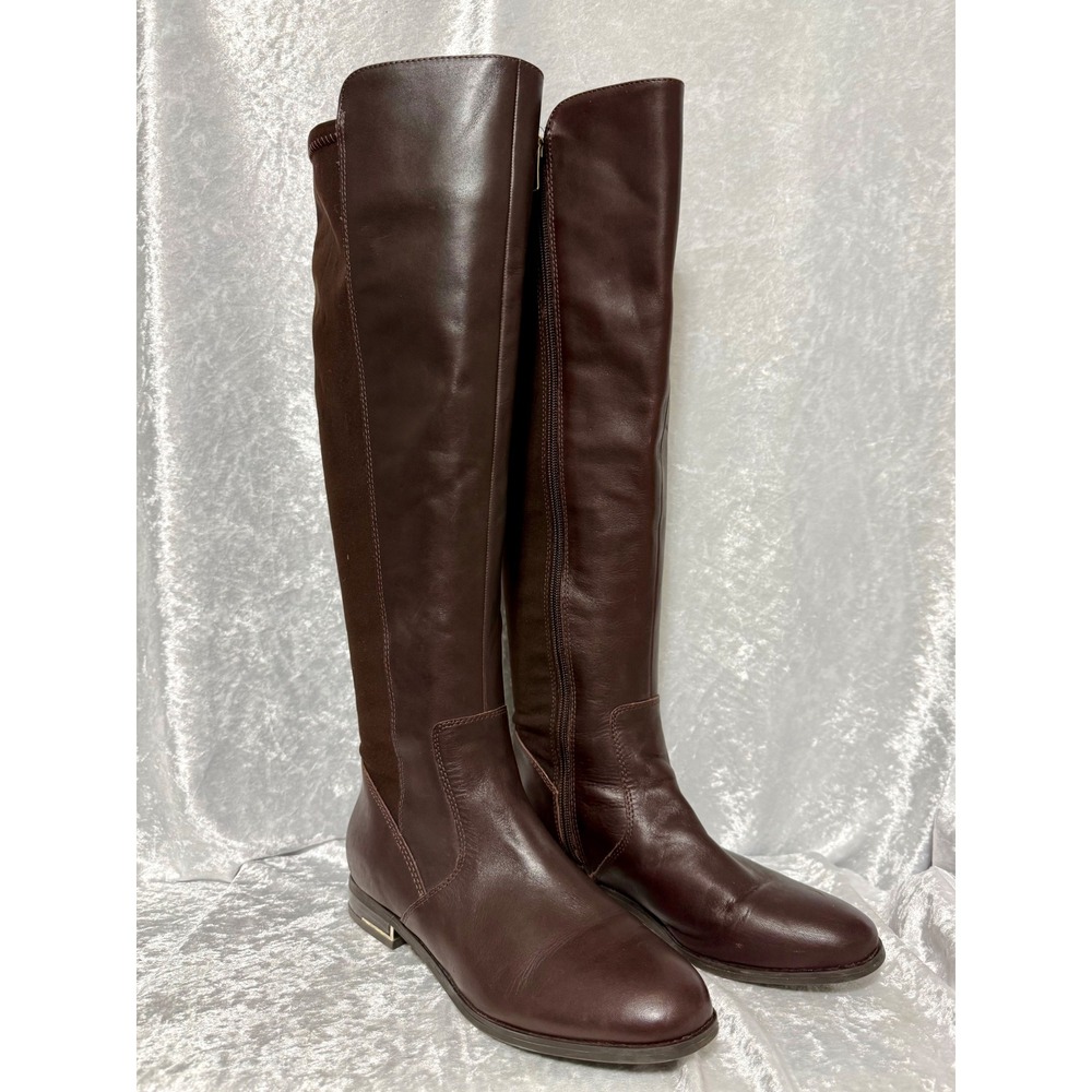 Nine West Levi Dark Brown Leather Tall Riding Boots Women Sz 8M Stretch Panels - Picture 5 of 11